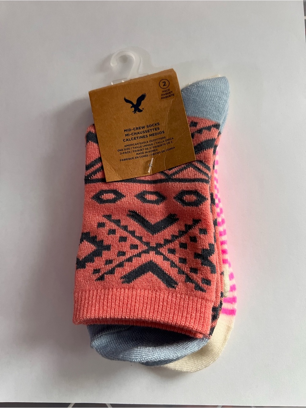 American Eagle Outfitters Coral, Gray and Pink Patterned Mid-Crew Socks (2 Pack)